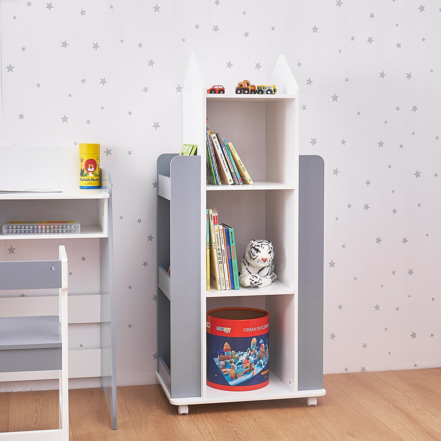 Libreria Bambini Girevole 360° in Legno ROCKET con 4 Ripiani – Scaffale per Libri e Giochi Bianco/Grigio