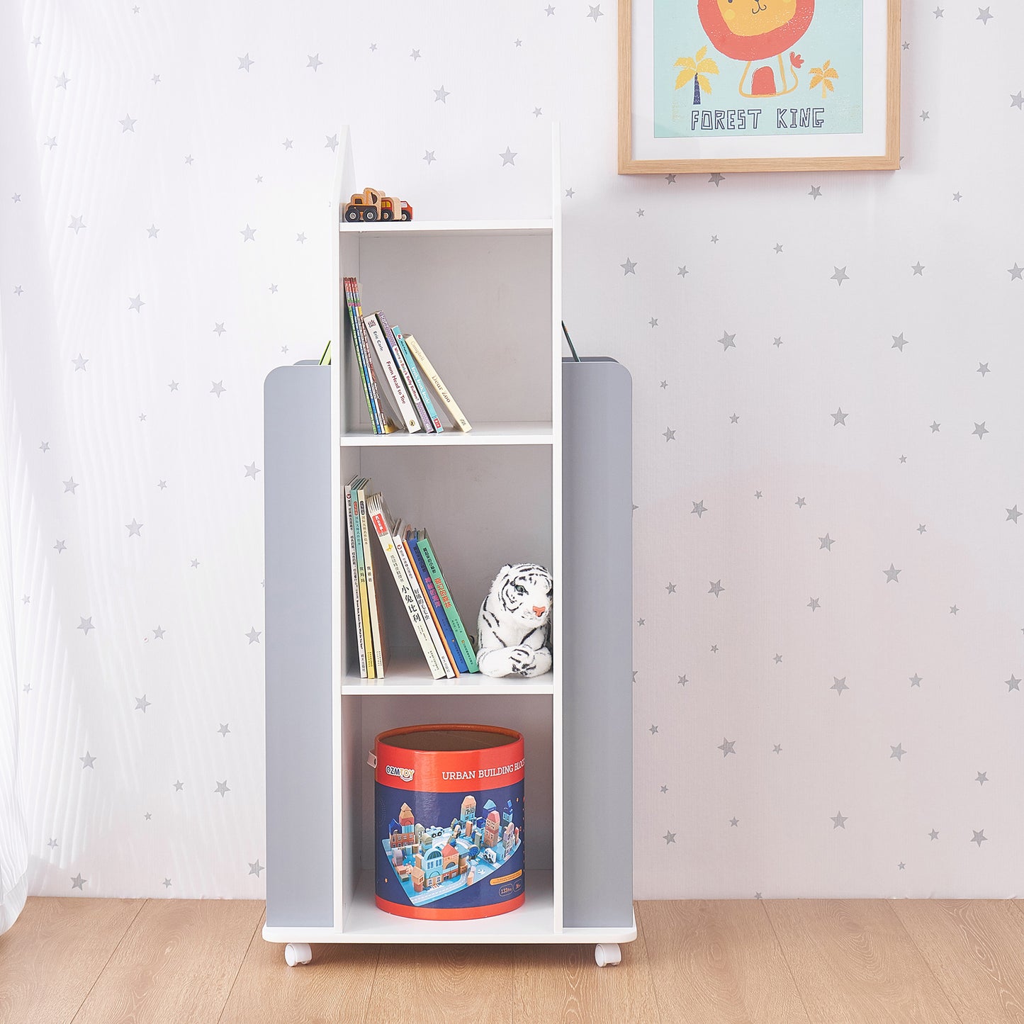 Libreria Bambini Girevole 360° in Legno ROCKET con 4 Ripiani – Scaffale per Libri e Giochi Bianco/Grigio