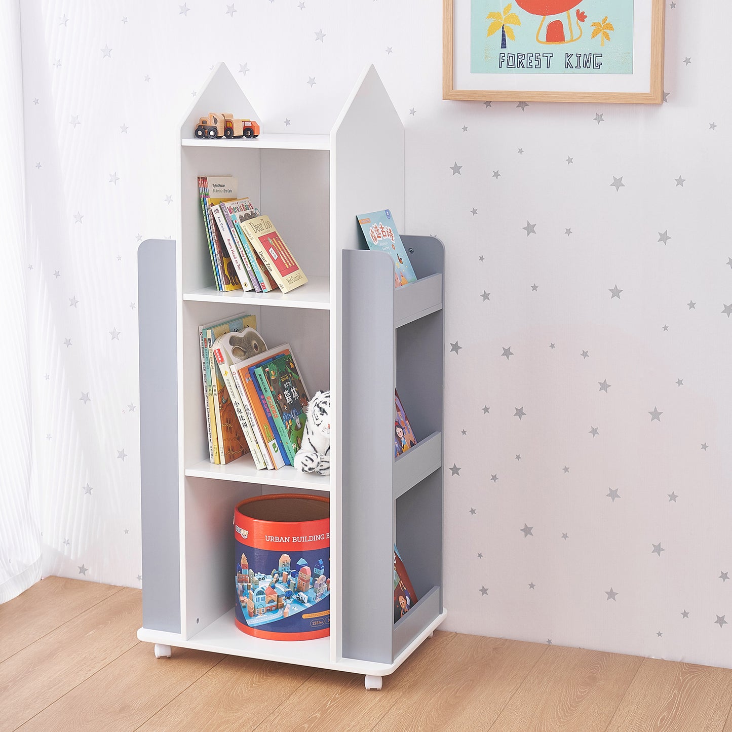 Libreria Bambini Girevole 360° in Legno ROCKET con 4 Ripiani – Scaffale per Libri e Giochi Bianco/Grigio