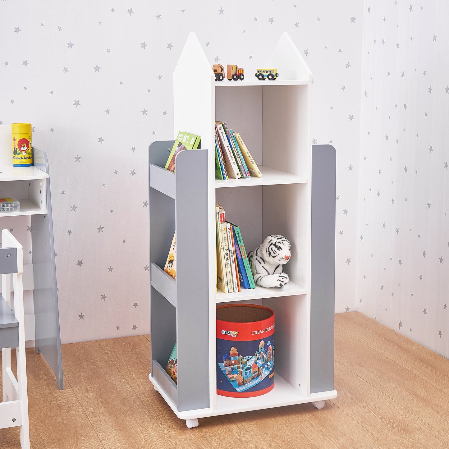 Libreria Bambini Girevole 360° in Legno ROCKET con 4 Ripiani – Scaffale per Libri e Giochi Bianco/Grigio