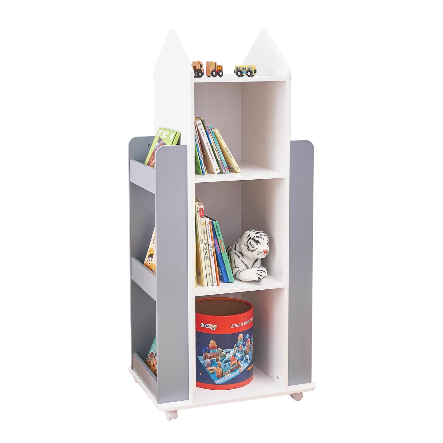 Libreria Bambini Girevole 360° in Legno ROCKET con 4 Ripiani – Scaffale per Libri e Giochi Bianco/Grigio