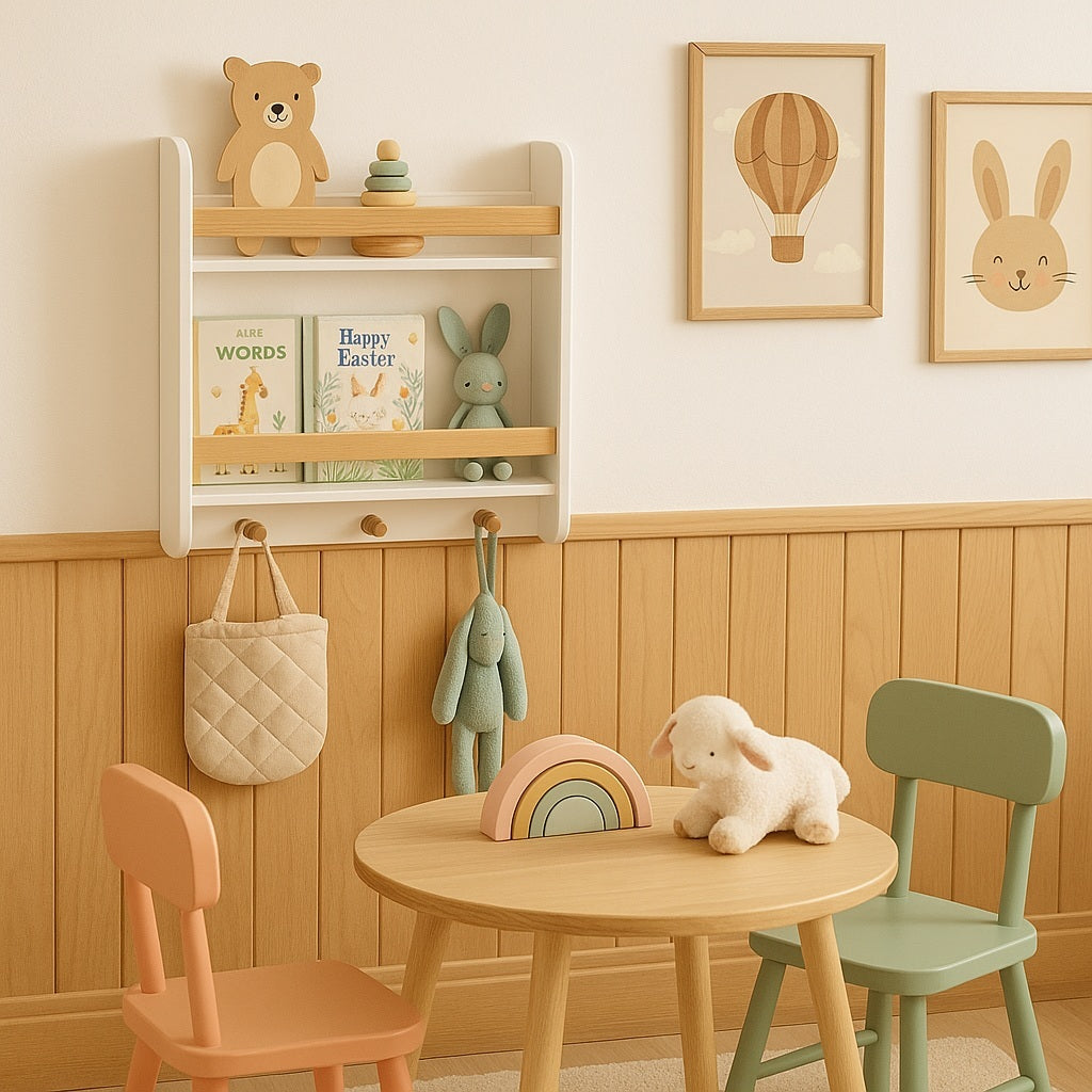 Стенна Детска Етажерка GINGER HOME – Бяла, с Рафтове и Закачалки