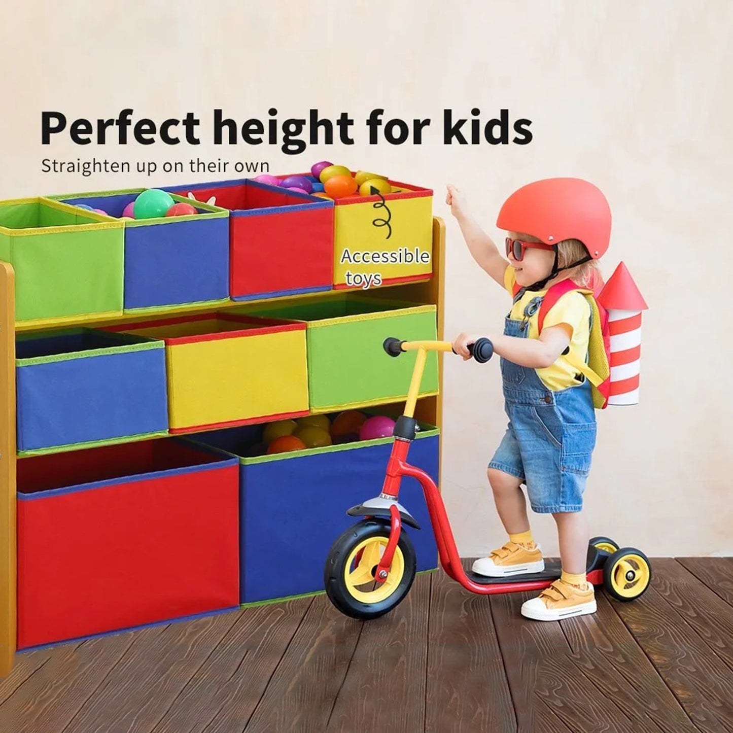 Children's wooden toy organizer on 3 levels with 9 storage boxes - COLOR