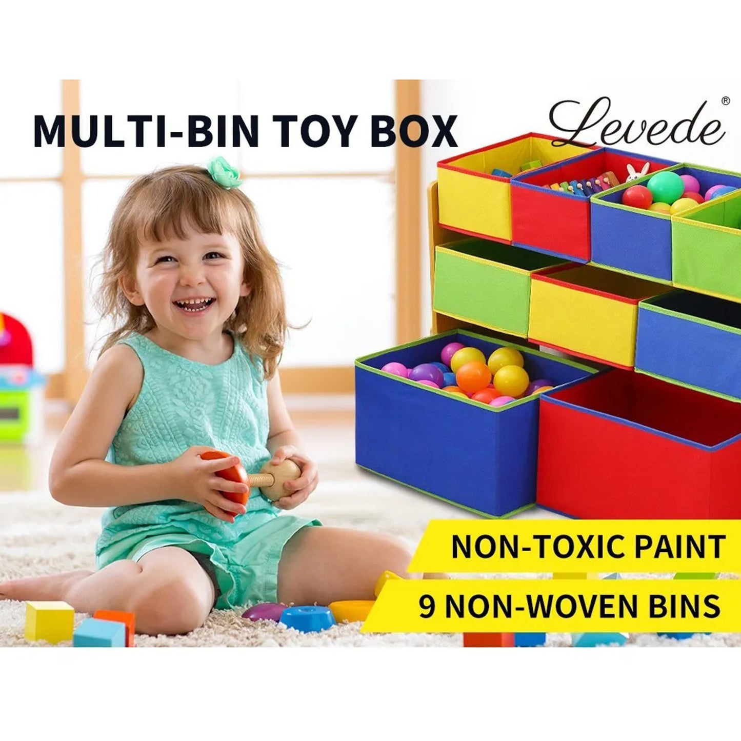 Children's wooden toy organizer on 3 levels with 9 storage boxes - COLOR
