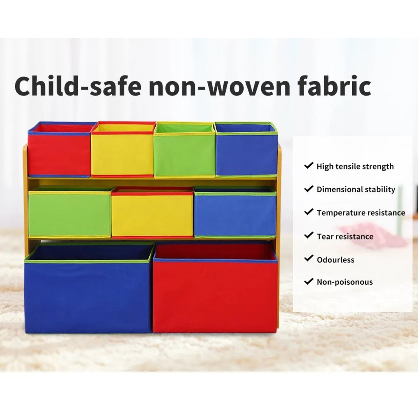 Children's wooden toy organizer on 3 levels with 9 storage boxes - COLOR