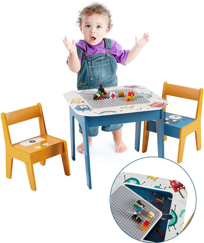 Tavolo per bambini con 2 sedie, bifacciale, per disegnare e impilare i mattoncini LEGO