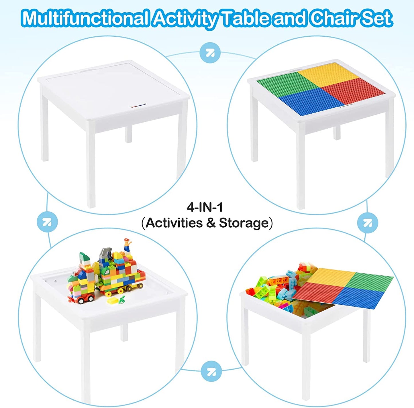Tavolo per bambini con 2 sedie, bifacciale, set in legno per imparare, disegnare, scrivere, impilare i mattoncini LEGO - BIANCO/GRIGIO